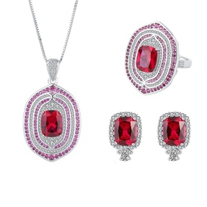 Wholesale Eco-friendly Copper 8*10MM Red Zircon Bridal 2 Tone <b>Earrings</b> and Necklace Ring Jewelry <b>Sets</b> for Wedding - Product Image 1