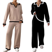 Ensemble deux pièces pour femmes en gros, pull à col polo à blocs de couleur avec pantalon de détente à jambes larges