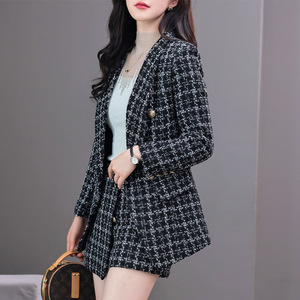 Set Plaid in <span class=keywords><strong>Tweed</strong></span> 2 pezzi da <span class=keywords><strong>donna</strong></span> abbigliamento da ufficio personalizzato <span class=keywords><strong>Blazer</strong></span> nero in puro poliestere con tasche a bottone e pantaloncini autunnali Casual - Product Image 3