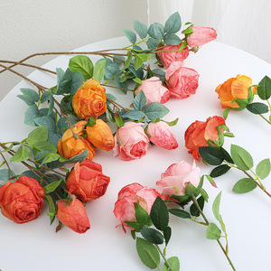 <span class=keywords><strong>Roses</strong></span> artificielles en soie à 3 têtes, style français vintage, bords brûlés, toucher réel, pour décoration de mariage et centres de table. - Product Image 3