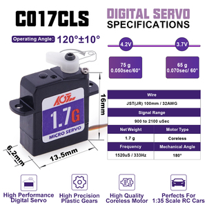 เซอร์โวมอเตอร์ดิจิตอลไร้แกน AGFRC C017CLS ขนาดเล็ก น้ำหนัก <span class=keywords><strong>1.7</strong></span> กรัม แรงบิด 75 กรัม ซม. ความเร็วตอบสนอง 0.050 วินาที สำหรับรีโมทคอนโทรลขนาด 1/35 - Product Image 4