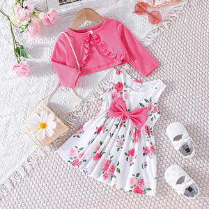 Setelan Gaun Bayi Perempuan Musim Semi dan Gugur Baru Warna Solid Lengan Panjang + Motif Bunga 2 Potong - Product Image 2