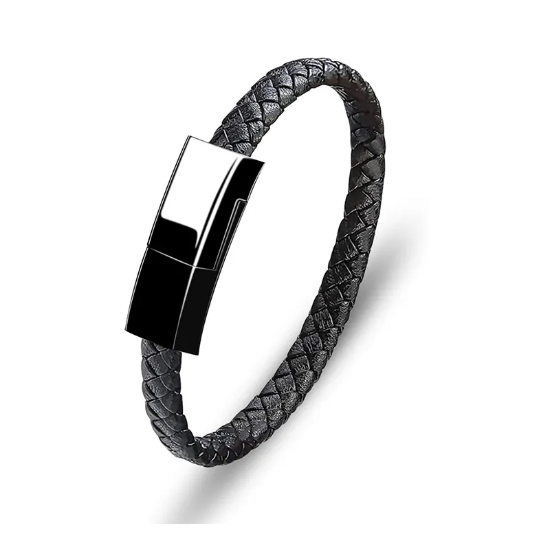 Custom USB Leather Black Braided Char Hematite Metal Bracelets for Iphone,Type-C,Micro-port Data Charging Bracelet