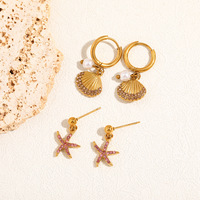Nouvelles boucles d'oreilles en acier inoxydable, style plage, étoile de mer et coquillage, clous d'oreilles dorés, pendentifs coquillages et étoiles de mer