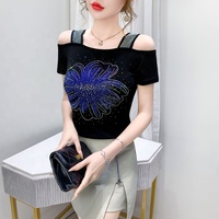 Camiseta de Fiesta Personalizada para Mujer con Lazo de Mariposa, Pedrería y Lentejuelas Brillantes, de Hombros Descubiertos y Manga Corta para Discoteca