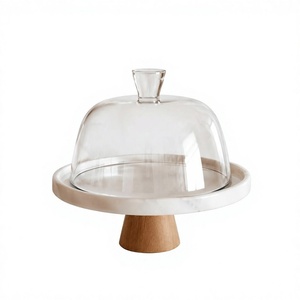 Modern Customizable Round Marble <b>Cake</b> <b>Stand</b> with wooden Base & glass lid Handmade Dessert Display Pedestal Party Home hotel - Product Image 1