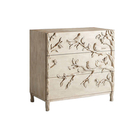 Commode en bois de style rustique américain avec motif de feuilles d'élan, armoire de style antique français vieilli, décorative avec relief floral d'oiseaux