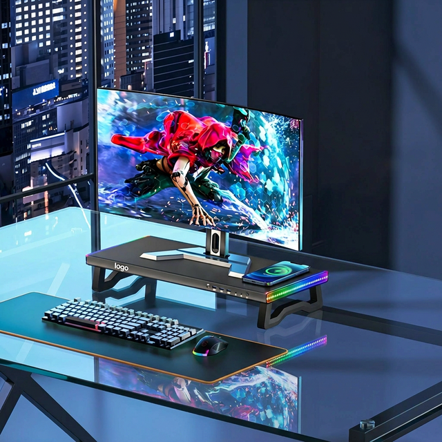 RGB Colorful Light Metal Monitor Stand Riser with Desk 1-Tier Gaming Desk Organizer Shelf