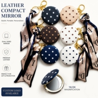 Leather Keychain Mirror Custom Logo Luxury Leather Print Mirror Keychain PU Leather Round Folding Makeup Mirror Keychain Custom