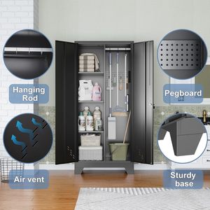 Gabinete de almacenamiento de metal, herramienta de limpieza, gabinete de 2 puertas con barra colgante, escoba, fregona, gabinete de herramientas con cerradura - Product Image 3