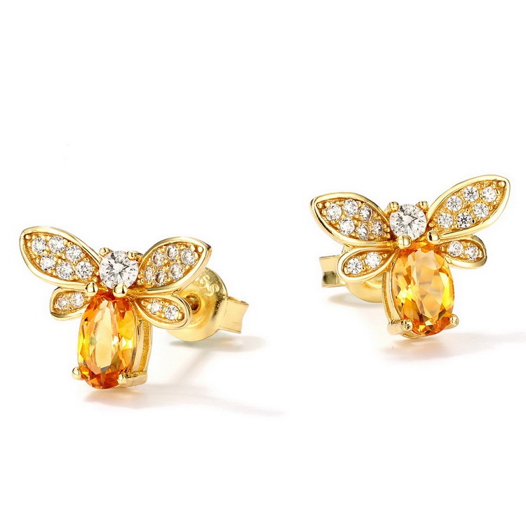 Mode Mignon Abeille Stud Boucle D'oreille Pour Les Femmes Conception Unique Plaqué Or Citrine Boucles D'oreilles