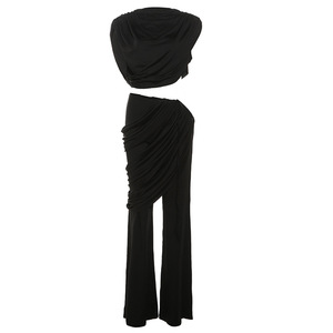 Dropshipping 2025 Trendy Crop Cut Round Neck Top Taille Haute Pantalon Plissé Légèrement Évasé Ensemble Deux Pièces pour Femmes Party Outfits - Product Image 4