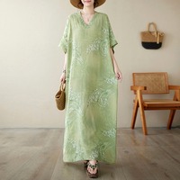 Nouvelle Robe Longue d'Été 2026 en Coton et Lin, Col en V, Style Chic Français, Ample et Oversize, Kaftan Vert Imposant, Robe de Plage pour Femme