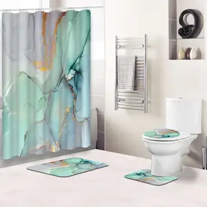 थोक निविड़ अंधकार पॉलिएस्टर रंगीन संगमरमर स्नान चटाई और शावर परदा बाथरूम सेट डिजिटल मुद्रित 3d बाथरूम सेट