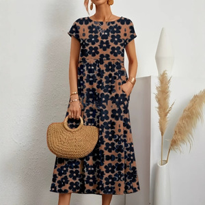 <span class=keywords><strong>Abito</strong></span> Estivo Casual da Donna in Chiffon Floreale e <span class=keywords><strong>Lino</strong></span> <span class=keywords><strong>di</strong></span> Cotone <span class=keywords><strong>con</strong></span> Tasche, Maniche Lunghe, Vestibilità Ampia, Linea ad A, <span class=keywords><strong>con</strong></span> Logo Frontale, Lunghezza Midi - Product Image 4
