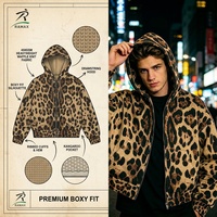 Sweat à capuche zippé RAMAX 450GSM en maille gaufrée épaisse motif léopard, coupe ample avec cordon de serrage, style streetwear pour homme, personnalisable OEM ODM, vente en gros