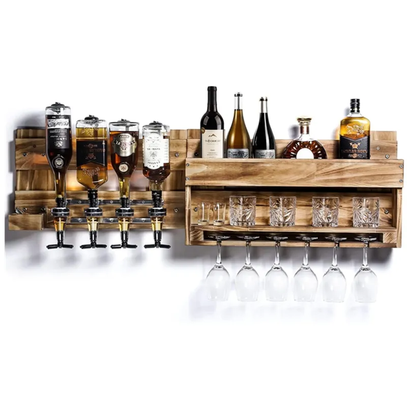 Rak anggur kayu dengan tempat botol kaca barang pecah belah rak penyimpanan minuman keras Dispenser untuk dekorasi rumah Bar dapur
