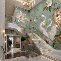 Papier peint auto-adhésif imperméable, chinoiserie, heron, pivoine, motif floral, papier peint mural de luxe facile à poser pour la décoration murale résidentielle