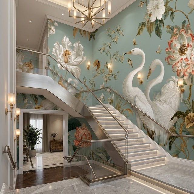 Self Adhesive Waterproof Paper Chinoiserie Egret Peony Floral Wall Mural Easy Luxury Wallpaper for Residential Wall Decor