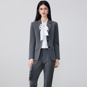 Women's Grey Suit Set Polyester Worsted Full Sleeve Spring Anti-Wrinkle Office Lady Professional Formal Wear - Product Image 1