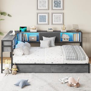 Cadre de lit à plateforme en métal de taille jumelle avec tiroirs de rangement et station de charge Cadre de lit d'angle pour lit de jour jumeau - Product Image 3