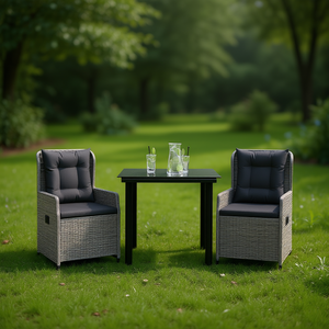 Ensemble de salle à manger de jardin en rotin moderne 2 places, mobilier d'extérieur résistant aux intempéries, design contemporain gris et noir - Product Image 2