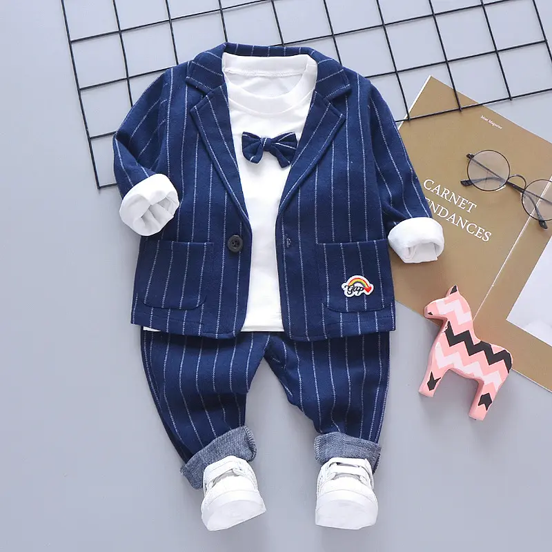 Kinderen Herfst Streep 3-delige Set Formele Pakken Sets Vlinderdas Jurk Pak Voor Jongens Populaire Jongen Babykleding