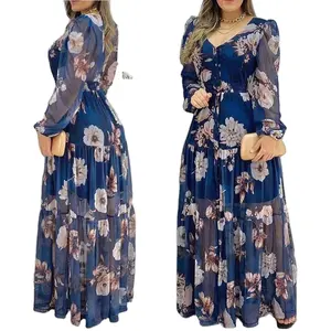 2022 Новое поступление Модное шифоновое платье с цветочным принтом, Повседневное Платье макси с V-образным вырезом и сетчатым принтом, женское Элегантное Длинное Платье