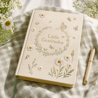 Journal de gratitude LABON avec broderie botanique, carnet en tissu de lin à pois, bords dorés, logo personnalisé, cadeau bien-être