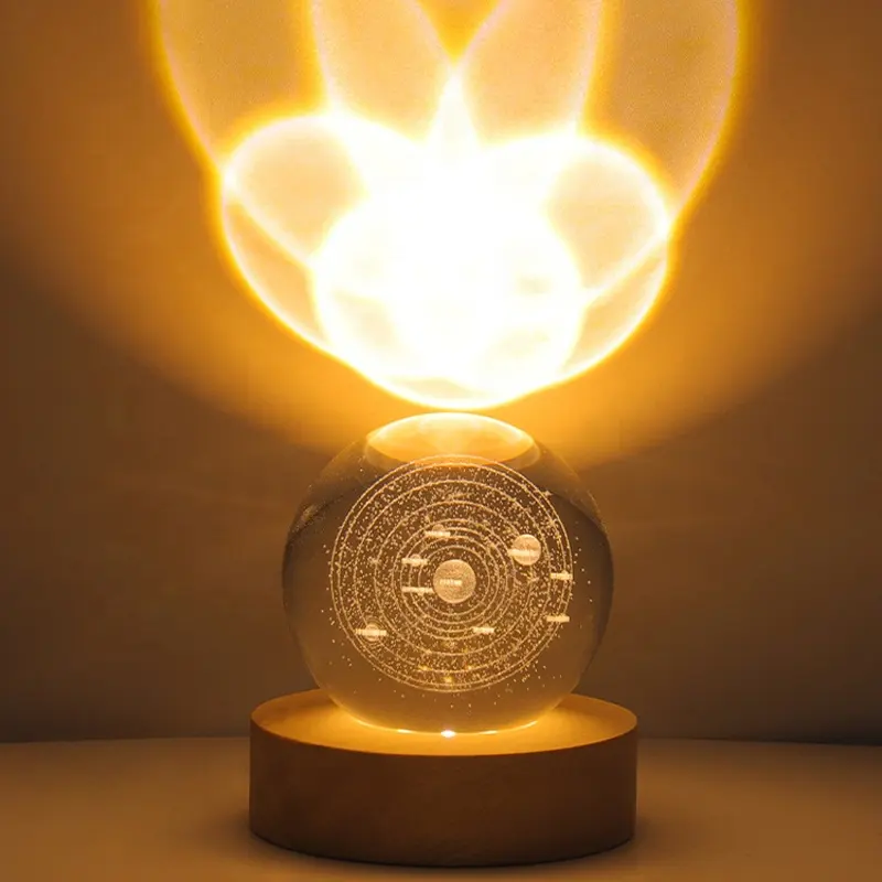 Esfera de vidro para sistema solar, bola de cristal galáxia gravada a laser, base de lâmpada noturna com luz LED de madeira, 60 mm, arte 3D