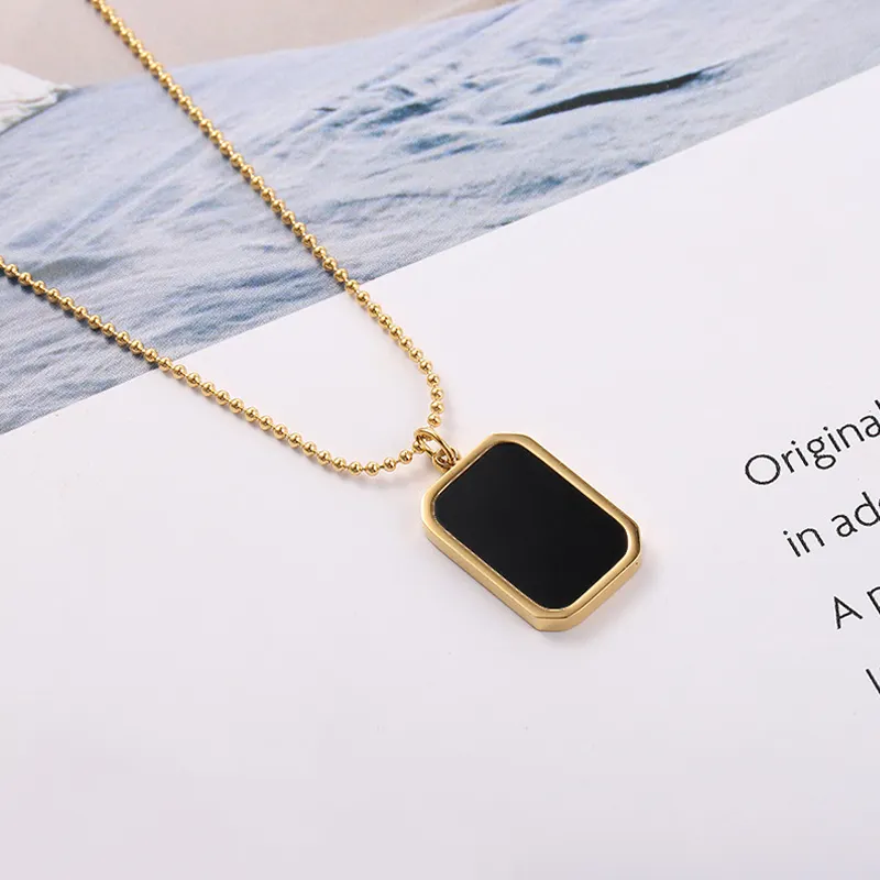 Fashion Jewelry 18K Gold Plated Stainless Steel Black Enamel Rectangle Pendant Necklace With Beads Chain