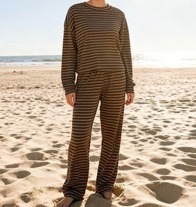 Viviblook Q25ST338 Nouvel ensemble deux pièces pour femme : T-shirt rayé imprimé à col rond et manches longues avec pantalon à cordon de serrage - Product Image 2