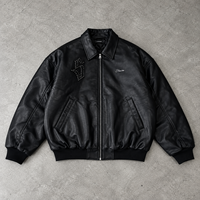 Veste en similicuir cloutée sur mesure OEM, noire, en PU, coupe oversize, avec fermeture éclair, col rabattu, appliqué, ourlet côtelé, unisexe, style streetwear