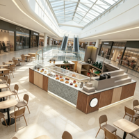 Kiosque à café de centre commercial de luxe personnalisé avec éclairage LED, design écologique, service de mise en espace intérieur multifonctionnel