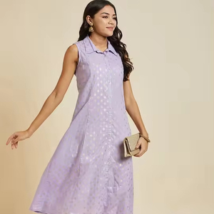 Robes de soirée indiennes pour femmes, prêtes à porter, à motifs ethniques, imprimées par décoloration, sans manches, à col rabattu, coupe trapèze, en coton brodé - Product Image 1