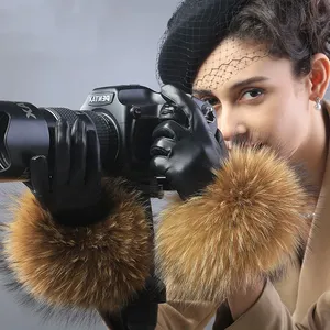 Gants en fourrure de <span class=keywords><strong>luxe</strong></span> pour femmes, tendance <span class=keywords><strong>hiver</strong></span>, utilisation quotidienne, en cuir de raton laveur véritable et peau de mouton pour <span class=keywords><strong>femme</strong></span> - Product Image 5