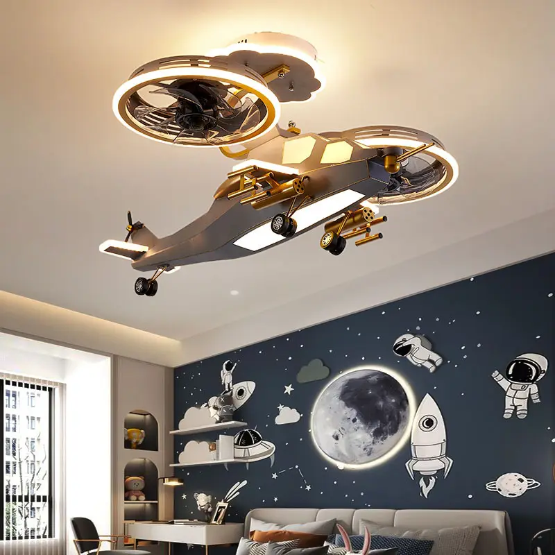 Lámpara de techo con control remoto, luz led de diseño moderno, helicóptero de madera industrial, metro inteligente, venta al por mayor
