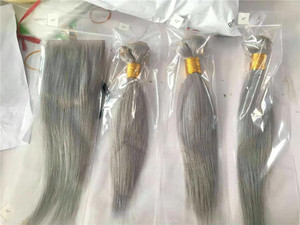 Faisceaux de cheveux brésiliens argent droite armure de cheveux humains couleur grise pure 3 faisceaux faisceaux de cheveux remy avec <span class=keywords><strong>fermeture</strong></span> frontale en dentelle - Product Image 3