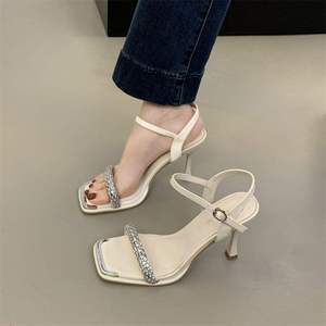 Nuevas Sandalias de Tacón Alto con Punta Abierta y Una Sola Tira, Estilo Verano, de PU, para Mujer, Tacón de Aguja Francés de Alta Gama, con Pedrería, Zapatos Sexys de Noche - Product Image 5