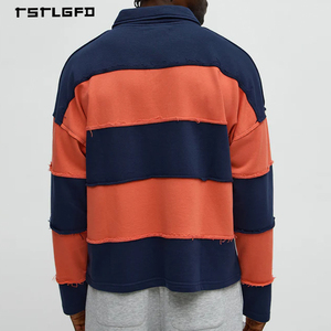 T-shirt Homme Rétro Effet Vieilli Bords Bruts Manches Longues Colorblock Épaules Tombantes <span class=keywords><strong>Polo</strong></span> Rugby Streetwear Haut de Gamme - Product Image 3
