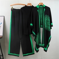 Femmes Jacquard tricoté trois pièces pull costume pantalon large Cardigan châle Style décontracté solide automne vente en gros logo personnalisé