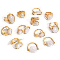 Bague ouverte asymétrique minimaliste en acier inoxydable plaqué or 18 carats avec perle Alien Locke