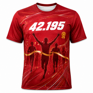 Jersey Lari Marathon Custom 42.195 Merah Cetak Digital Cepat Kering Bernapas dengan Desain Medali untuk Pria - Product Image 1