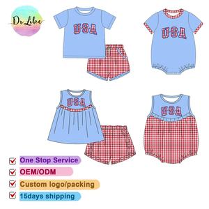 Fashion Design <strong>Patriotic</strong> Custom <strong>Short</strong> Sleeve Sets Plaid Ruffle <strong>Shorts</strong> Embroidery Baby Girls Rompers Wholesale - Product Image 2
