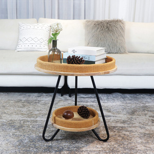 Rattan Coffee <b>Table</b> Round Double Tier Storage For Living Room Home Sofa Use Light <b>Brown</b> - Product Image 3