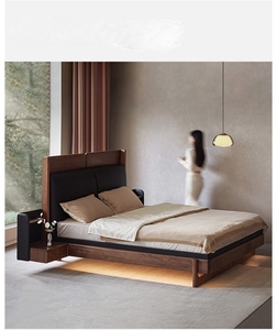 Cama Doble Tapizada con Suspensión, <span class=keywords><strong>de</strong></span> Madera Sólida <span class=keywords><strong>de</strong></span> Nogal Negro Norteamericano, Estilo Italiano Minimalista, con Cuero Genuino, para Recámara Principal Moderna - Product Image 4