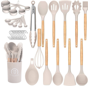 طقم أدوات مطبخ من السيليكون الغذائي 33 قطعة مع مقابض خشبية طبيعية، أدوات طهي وأجهزة مطبخ - Product Image 1