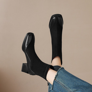 2026New Elegant Women Shoes Brown Leather Suede Spliced Ankle Boots With Square Toe and <b>Block</b> Heel Shopping and Travel - Product Image 2