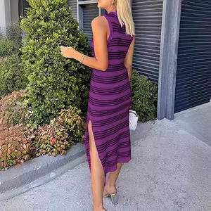 Vestido de chaleco a rayas con abertura lateral de punto sin mangas de longitud media informal - Product Image 4