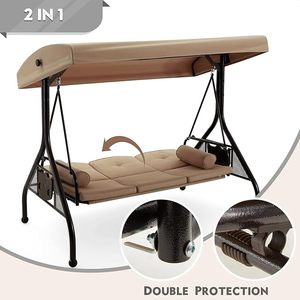Canapé <span class=keywords><strong>balançoire</strong></span> de style indien de luxe pour jardin et terrasse, avec structure métallique, auvent et coussin en polyester kaki, porte-gobelets intégré - Product Image 2